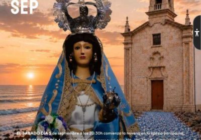 Cartel con los horarios de las misas de la novena de la Virgen de los Milagros de Caión, del 5 al 13 de septiembre de 2026