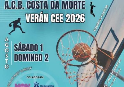 Cartel del III Torneo Basket 3x3 Cee 2026, los días 1 y 2 de agosto en la Praza 8 de Marzo y el Pavillón Municipal de Cee