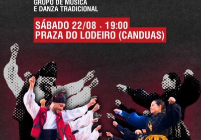 Cartel de Inllar, grupo de música y danza tradicional gallega, en la Praza do Lodeiro de Canduas el 22 de agosto de 2026.