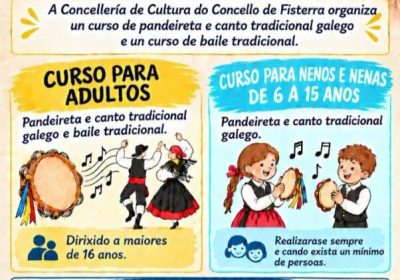 Cartel da inscrición nos cursos de pandeireta, canto e baile tradicional de Fisterra