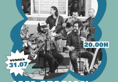 Cartel de la jam session de Turnes & The Five Cents Blues Cousins en Camping Lago-Mar, en Lago, Muxía