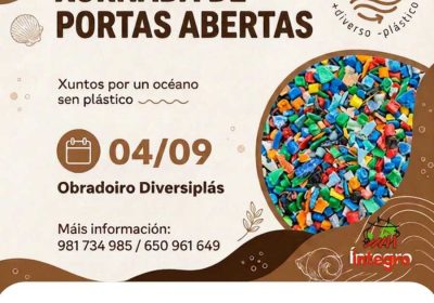 Cartel de la jornada de puertas abiertas del Obradoiro Diversiplás en Nantón, 4 de septiembre