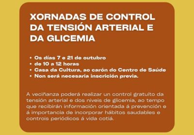 Cartel de las jornadas de control de tensión arterial y glicemia en Coristanco los días 7 y 21 de octubre