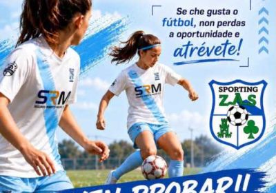 Cartel de las Xornadas de Portas Abertas del Sporting Zas para niñas de todas las edades, el jueves 9 de julio a las 20:30 h en el campo de fútbol de San Andrés, Zas.