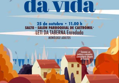 Cartel de A Costa da Vida 2026 con el monólogo Enredada de Leti da Taberna en Castromil, Salto, Vimianzo, el 25 de octubre.