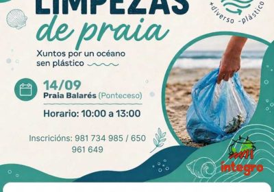 Cartel de la limpieza de playa Diversiplás en la Praia de Balarés, Ponteceso, el 14 de septiembre de 2026