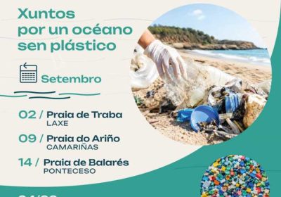 Cartel de las jornadas Diversiplás de limpieza de playas en Traba, Ariño y Balarés en septiembre, con jornada de puertas abiertas del obrador Diversiplás
