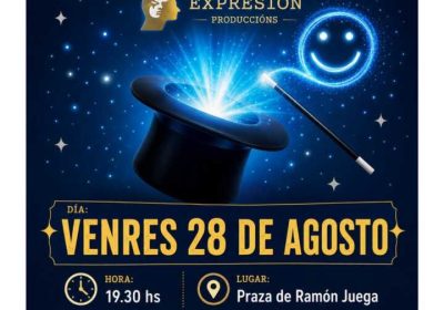 Cartel do espectáculo de maxia familiar Ilusiónate en Laxe, o 28 de agosto ás 19:30 na Praza de Ramón Juega.