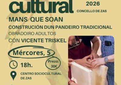 Cartel del taller Mans que soan para construir un pandero tradicional en Zas