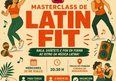 Cartel de la masterclass de Latin Fit en Cabana de Bergantiños, el 22 de julio de 2026