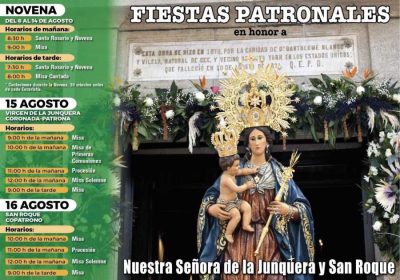 Cartel de las misas de las fiestas patronales de Nuestra Señora de la Junquera y San Roque en Cee