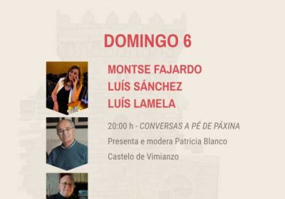 Montse Fajardo, Luís Sánchez y Luís Lamela en Conversas a Pé de Páxina de Vimianzo M.O.L.A., 6 de septiembre de 2026.