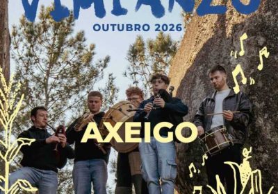 Cartel da Muiñada de Vimianzo 2026 cos membros de Axeigo, grupo de música tradicional galega, os días 16 e 17 de outubro.