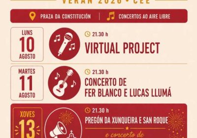Cartel de Música na Alameda Verán 2026 en Cee, con conciertos del 10, 11 y 13 de agosto