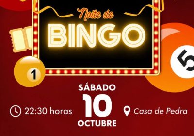 Cartel de la Noite de Bingo en Casa de Pedra, Camariñas, el sábado 10 de octubre a las 22:30