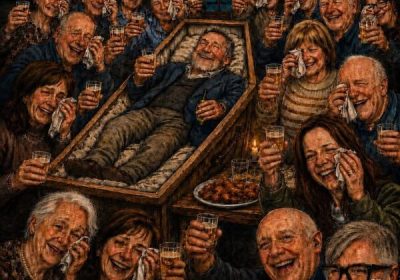 Cartel de la obra O velorio de Pepe 'O Charamuscas', del grupo de teatro aficionado Linguas de Trapo, en el Salón de Actos de Laxe el 19 de septiembre a las 19:00.