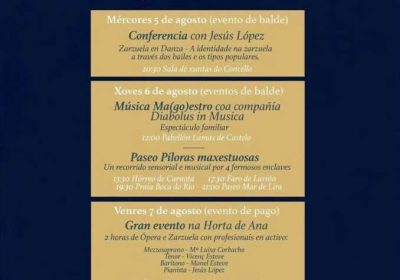 Cartel de Ópera en Carnota con actividades de ópera y zarzuela del 5 al 7 de agosto