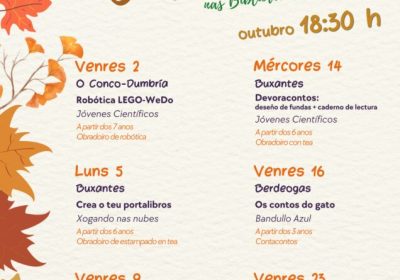 Cartel de Outono nas Bibliotecas de Dumbría 2026 con actividades de outubro nas bibliotecas municipais