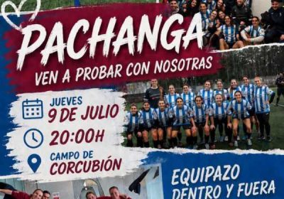Cartel de la pachanga y jornada de prueba de fútbol femenino en Corcubión, el jueves 9 de julio de 2026 a las 20:00 horas.