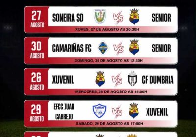 Cartel con los partidos del CF Muxía entre el 26 y el 30 de agosto de 2026