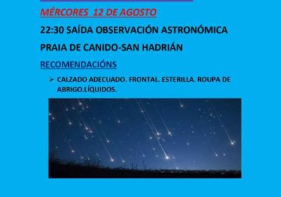 Cartel de Perseidas 2026 de ACD Salitre en la playa de Canido-San Hadrián, Malpica