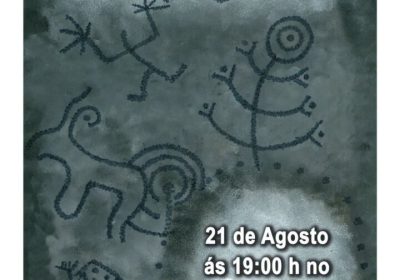 Cartel del evento Petróglifos no Monte da Ínsua, presentado por Carmen Domech en Laxe el 21 de agosto de 2026.