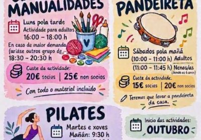 Cartel das actividades de pilates, pandeireta e manualidades da Asociación Santo Tomé de Xaviña en Coristanco