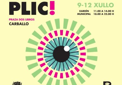 Cartel de Vinte na PLIC!, Praza dos Libros de Carballo 2026, del 9 al 12 de julio en el Xardín Municipal.