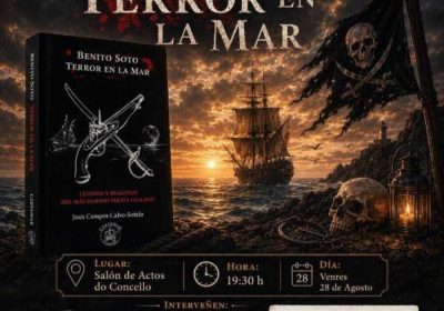 Cartel de la presentación del libro Terror en la mar de Benito Soto en Fisterra, 28 de agosto de 2026