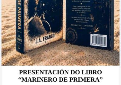 Cartel de la presentación del libro Mariñeiro de Primeira de J. A. Franco en el Museo do Mar de Laxe, el 6 de agosto de 2026