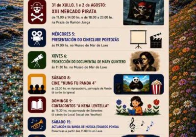Cartel del programa cultural de agosto de 2026 en Laxe, con actividades entre el 31 de julio y el 19 de septiembre.