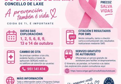 Cartel del Programa Gallego de Detección Precoz del Cáncer de Mama en Laxe, octubre de 2026
