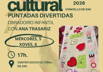 Cartel del taller infantil Puntadas divertidas en Zas