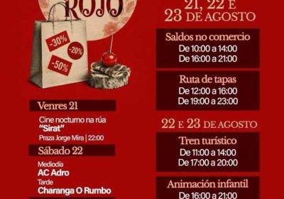 Cartel de Punto Rojo Baio 2026, con saldos, ruta de tapas, cine, tren turístico y animación del 21 al 23 de agosto en Baio