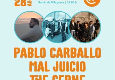 Cartel de RockCarballo nas Ondas Culturais 2026, con Pablo Carballo, Mal Juicio e The Cerne, o venres 28 de agosto ás 22:00 no barrio da Milagrosa.
