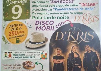 Cartel de la Romaría na Carballeira de San Roque da Hermida en Anós, Cabana de Bergantiños, los días 9 y 10 de agosto de 2026
