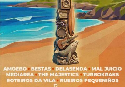 Cartel de Rueiros da Vila 2026 en Caión, A Laracha, del 20 al 23 de agosto, con música, mar, gastronomía, historia, tradición y surf.