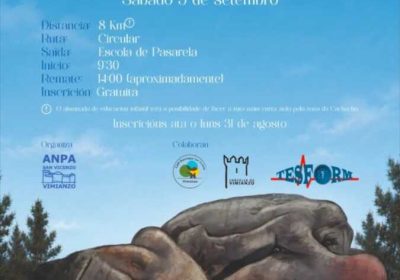 Cartel da ruta de sendeirismo guiada Penedos de Pasarela e Traba, o 5 de setembro, con saída da Escola de Pasarela