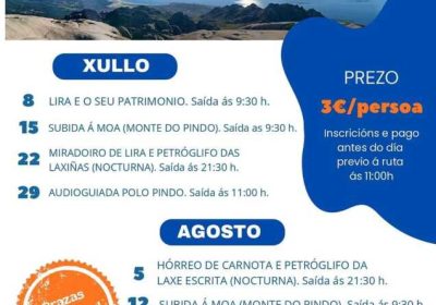 Cartel del programa de rutas guiadas por Carnota en julio y agosto de 2026, con itinerarios por Lira, Monte do Pindo, petroglifos y patrimonio local.