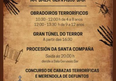 Cartel de Samaín 2026 en Muxía: obradoiros, túnel do terror, procesión da Santa Compaña e concurso de cabazas o 31 de outubro.