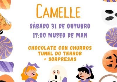 Cartel do Samaín 2026 en Camelle organizado por A Folja da Faneca: chocolate con churros e túnel do terror o 31 de outubro.