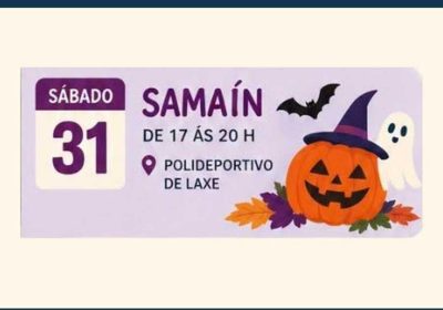 Cartel do Samaín de Laxe o 31 de outubro de 2026 de 17:00 a 20:00 no Polideportivo Municipal.