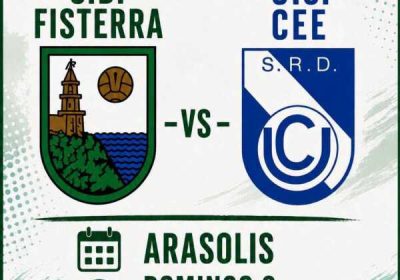 Cartel del amistoso solidario SD Fisterra vs UC Cee en Ara Solis, 9 de agosto de 2026