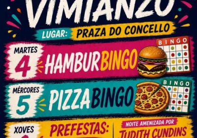 Cartel de la Semana Grande de Vimianzo 2026 con Hamburbingo, Pizzabingo y Prefestas en la Praza do Concello