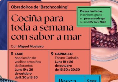Cartel dos obradoiros de batch cooking Pesca Saúde en Laxe e Carballo, 19 e 26 de outubro de 2026