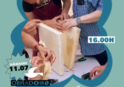 Cartel del taller de construcción de pandeiro con Vicente do Triskel en Lagomar Camping