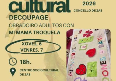 Cartel do obradoiro de decoupage da Semana Cultural de Zas 2026
