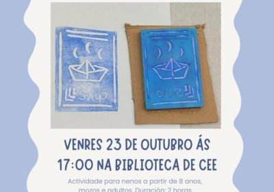 Cartel do obradoiro de ex libris Estampa os teus libros na Biblioteca de Cee