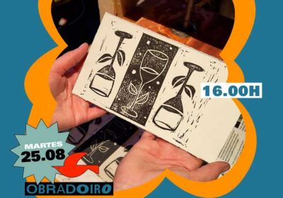 Cartel del obradoiro de grabado con Harmonía Bas en Camping Lago-Mar, Muxía, el 25 de agosto de 2026