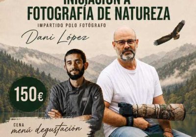 Cartel del obradoiro de iniciación á fotografía de natureza en Arrueiro, Laxe, con Dani López